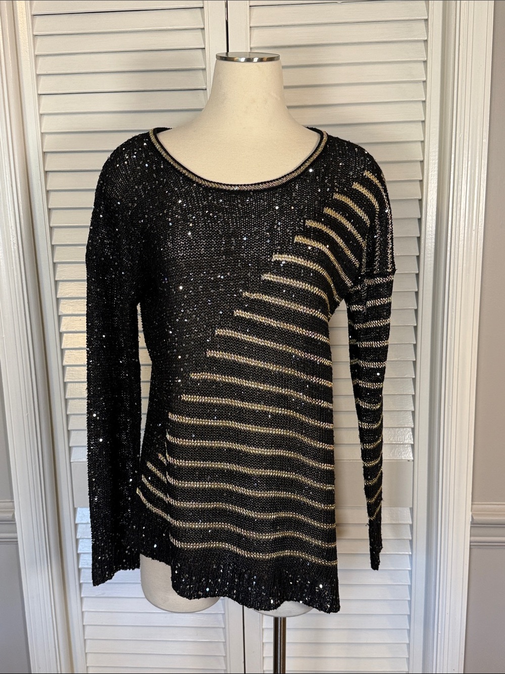 Vintage Escio Black Gold Sequin Striped Knit Sweater Size M 80s Glam Sparkle